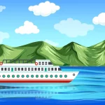 دانلود فوتیج کارتونی عبور کشتی از کنار جزیره سر سبز در اقیانوس