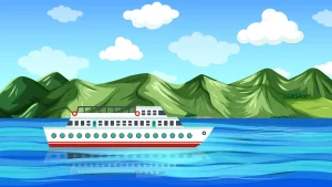 دانلود فوتیج کارتونی عبور کشتی از کنار جزیره سر سبز در اقیانوس