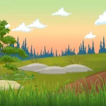 دانلود فوتیج کارتونی غروب آفتاب در دشت سبز و بادی